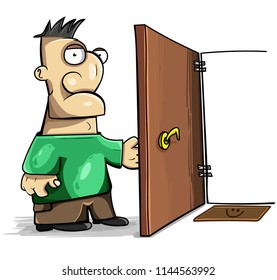 Cartoon character sad man opens the door