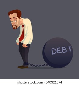 cartoon character, sad office worker with a Big Debt weight, flat style, business, concept vector Illustration