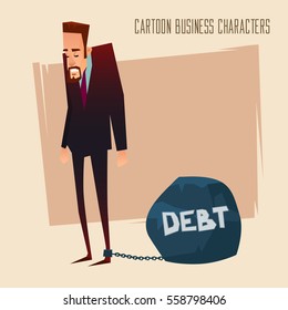 cartoon character, sad office worker with a Big Debt weight, flat style, business, concept vector Illustration