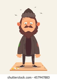 Cartoon Character. Sad Unemployed Beggar. Vector Illustration
