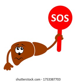 Cartoon character of sad and unhappy liver holding plate with word SOS. Liver diseases. Vector icon isolated on white.