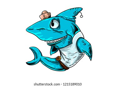 
Cartoon character - sailor shark. Vetkor, nautical theme. Funny blue fish