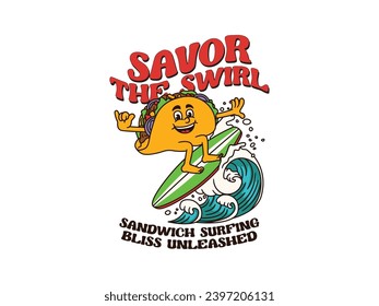 Cartoon Character Of A Sandwich Surfing With A Vintage And Handwritten Style Goes On Holiday At The Beach