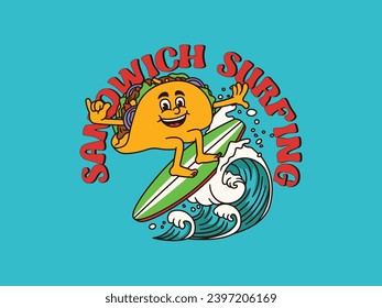 Cartoon Character Of A Sandwich Surfing With A Vintage And Handwritten Style Goes On Holiday At The Beach