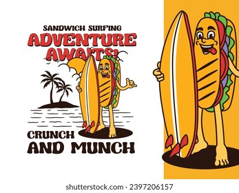 Cartoon Character Of A Sandwich With A Vintage And Handwritten Style Goes On Holiday At The Beach