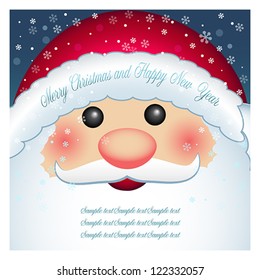 Cartoon character Santa Claus with blank banner, Christmas and New Year greeting card. Winter holiday backgrounds. Vector