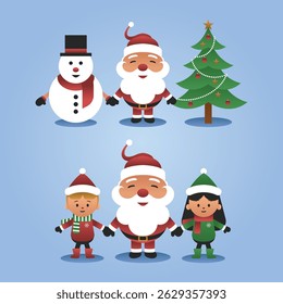 cartoon character santa claus with children, snowman and Christmas tree by tulangbercabang studio