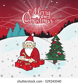 Cartoon character Santa Claus. Christmas vector banner, cartoon style. Santa Claus sitting and smiling with a lot of gift boxes on the snow. Santa claus sitting in front of Christmas tree.
