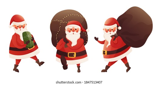 El personaje de caricatura Santa Claus entregando regalos en una bolsa grande. Papá Noel viene y aguanta el regalo caminando sobre la nieve. Fondo invernal para el diseño de la temporada de vacaciones. Ilustración del vector