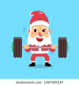 Cartoon character santa claus doing barbell weight training for design.