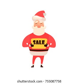 Cartoon character, Santa Claus holding a sign Sale, vector illustration on white background. Cartoon and flat style