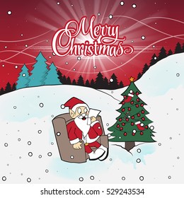 Cartoon character Santa Claus. Lettering sign Merry Christmas. Christmas vector banner, cartoon style. Santa sitting on a chair and reading a Christmas card or letter.