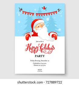 Cartoon character Santa Claus on winter holiday invitation. Template Christmas sample for banners, advertising, leaflet, cards, invitation and so on. Handwritten Christmas Inscription.