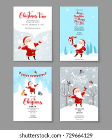 Cartoon character Santa Claus on winter holiday invitation. Template Christmas sample for banners, advertising, leaflet, cards, invitation and so on. Handwritten Christmas Inscription.