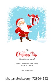 Cartoon character Santa Claus on winter holiday invitation. Template Christmas sample for banners, advertising, leaflet, cards, invitation and so on. Handwritten Christmas Inscription.