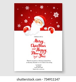 Cartoon character Santa Claus on winter holiday invitation. Template Christmas sample for banners, advertising, leaflet, cards, invitation and so on. Handwritten Christmas Inscription.