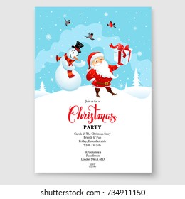 Cartoon character Santa Claus on winter holiday invitation. Template Christmas sample for banners, advertising, leaflet, cards, invitation and so on. Handwritten Christmas Inscription.