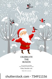 Cartoon character Santa Claus on winter holiday invitation. Template Christmas sample for banners, advertising, leaflet, cards, invitation and so on. Handwritten Christmas Inscription.