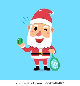 Cartoon character santa claus playing tennis for design.