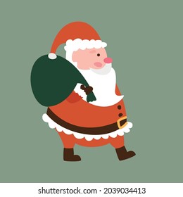 Cartoon character Santa Claus in a red suit carries a bag with gifts on a green background. Happy New Year or Merry Christmas. Vector flat illustration