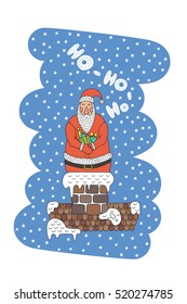 Cartoon character Santa Claus, a symbol of new year holidays and Christmas, for use in printing on greeting cards. Santa Claus holding a gift with background of snowflakes and Christmas trees.