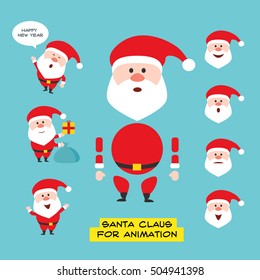 Cartoon character Santa Claus in various positions in flat style. Constructor for any poses. Elements for animation