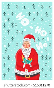 Cartoon character Santa Claus. Vector Santa Claus perfect for printing on greeting cards. Santa Claus holding a gift with background of snowflakes and Christmas trees.