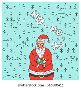 Cartoon character Santa Claus. Vector Santa Claus perfect for printing on greeting cards. Santa Claus holding a gift with background of snowflakes and Christmas trees.