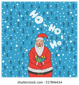 Cartoon character Santa Claus. Vector Santa Claus perfect for printing on greeting cards. Santa Claus holding a gift with background of snowflakes and Christmas trees.