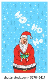 Cartoon character Santa Claus. Vector Santa Claus perfect for printing on greeting cards. Santa Claus holding a gift with background of snowflakes and Christmas trees.
