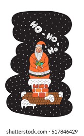 Cartoon character Santa Claus. Vector Vector Santa Claus perfect for printing on greeting cards. Santa Claus climbs the chimney with gifts.