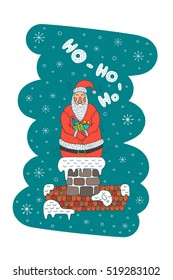 Cartoon character Santa Claus. Vector Vector Santa Claus perfect for printing on greeting cards. Santa Claus climbs the chimney with gifts.