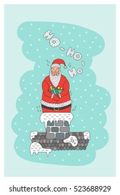 Cartoon character Santa Claus. Vector Vector Santa Claus perfect for printing on greeting cards. Santa Claus climbs the chimney with gifts.
