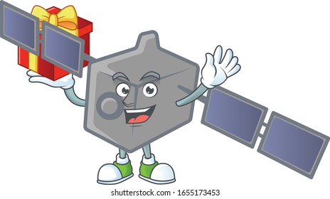 cartoon character of satellite network with a box of gift