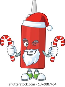 Cartoon character of sauce bottle as a Santa having candies. Vector illustration