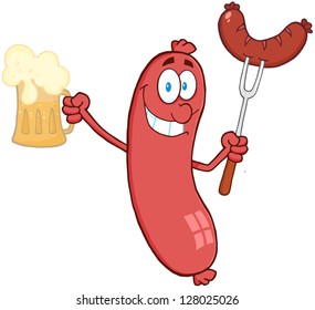 Cartoon Character Sausage Holding Beer And Sausage On A Fork