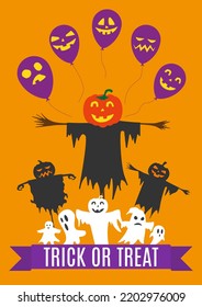 Cartoon character of a scarecrow pumpkin and ghost with balloon it is isolated on a yellow background. Trick or treat, happy halloween 