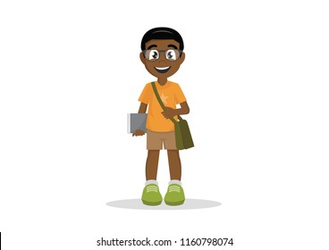 Cartoon character, school African boy glasses book student., vector eps10