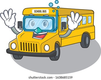 cartoon character of school bus wearing Diving glasses