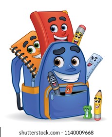 Cartoon Character school Stationery in Opened Schoolbag: Pencil, Book, 
Spiral Notebook, Ballpoint, Sharpener, Ruler, 
Eraser, School Bag_Vector Illustration EPS 10