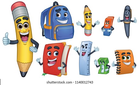 Cartoon Character school Stationery: Pencil, Book, 
Spiral Notebook, Ballpoint, Sharpener, Ruler, 
Eraser, School Bag_Vector Illustration EPS 10