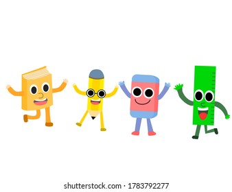 Cartoon character school stationery.Pencil, eraser and ruler on a white background.Back to school concept.