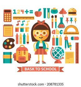 Cartoon character, schoolgirl.   and school equipment set of vector illustrations in flat style. Back to school, set of stylish illustrations.