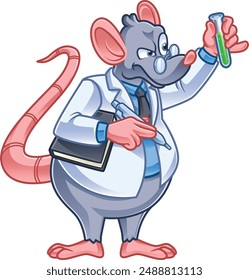 Cartoon Character of a Scientist Mouse Observing Experiment Progress