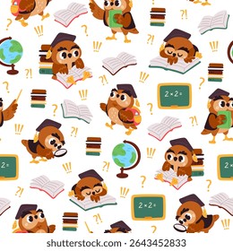 Cientista de personagens de desenhos animados coruja com óculos e livros. Padrão contínuo de educação escolar. Impressão repetida. Lupa. Globo e quadro-negro de classe. Pássaro sábio. Aula universitária. Plano de fundo do vetor