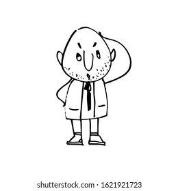 Cartoon character scientist thought about solving the problem. Doodle illustration. Vector.