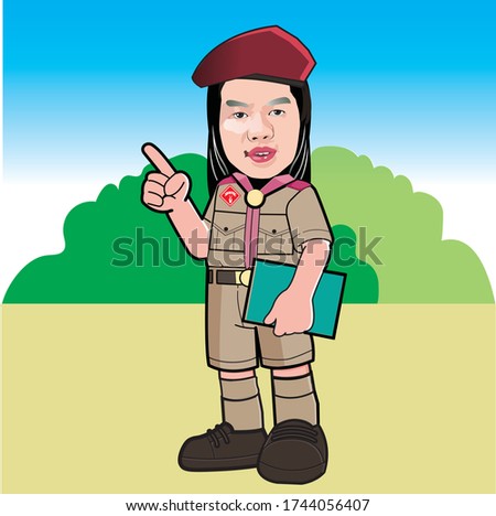A cartoon character in a scout uniform with a maroon beret, pointing while holding a book, set against a bright landscape.