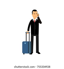 Cartoon character self-confident businessman in stylish black suit standing at airport with travel bag on wheels and talking on phone