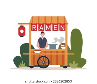 Cartoon character selling street food. Young smiling man in uniform cooking ramen in van. Cooking noodles outdoor. Vector flat illustration in green and orange colors