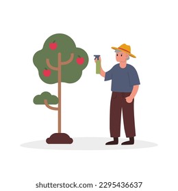 Cartoon character of senior man in hat growing organic apple tree at home. Concept of happy old age and home gardening. Common hobbies for seniors. Vector